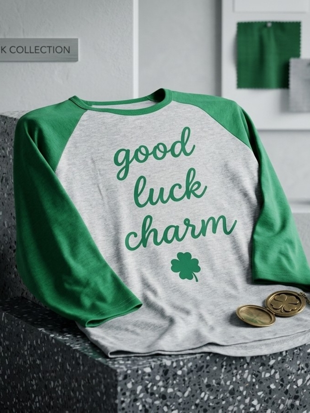 Celebrate It Heather Gray and Green Raglan 'Good Luck Charm' Tee